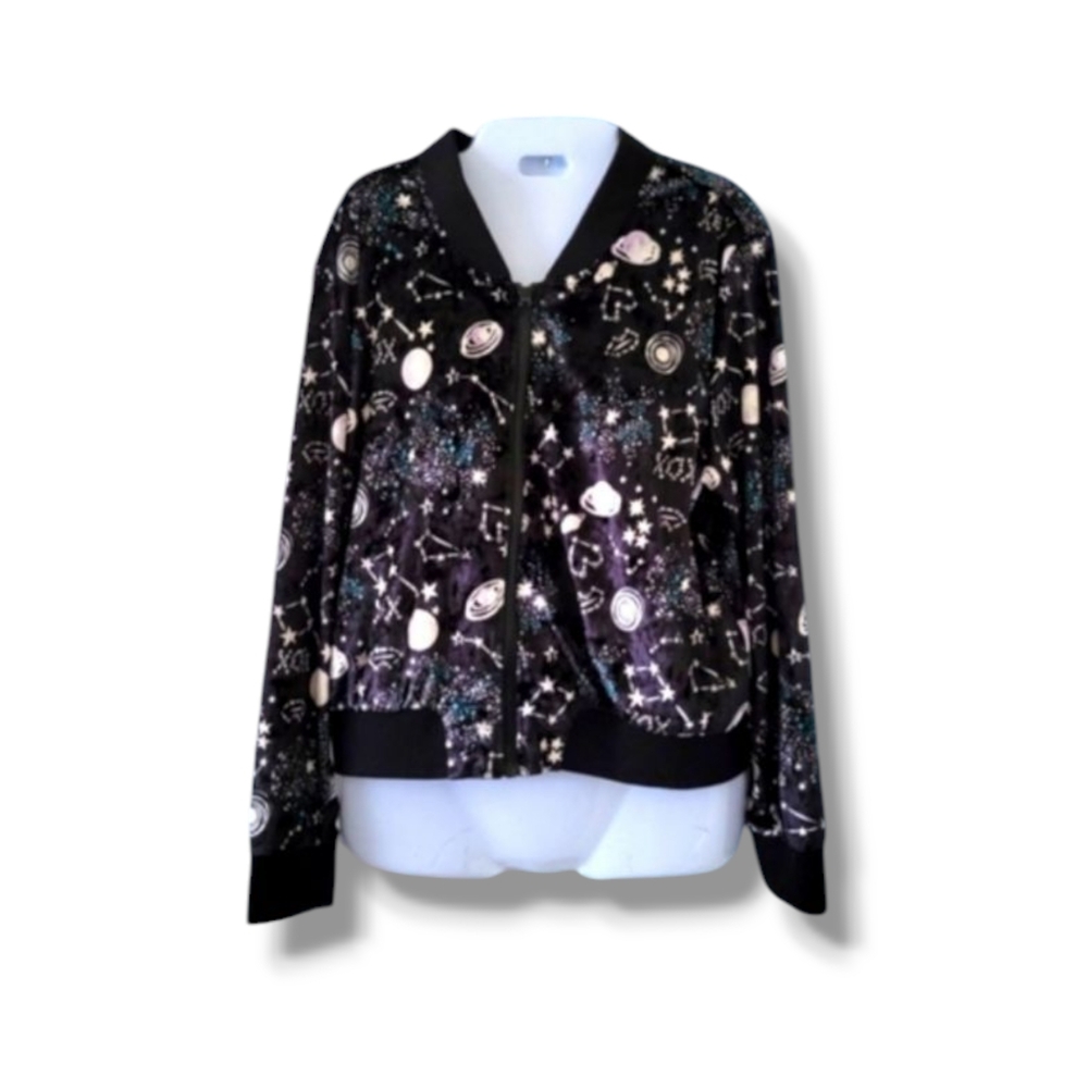Betsey Johnson | NWOT | Cute Black Velvet Galaxy Bomber Jacket (SIZE M)